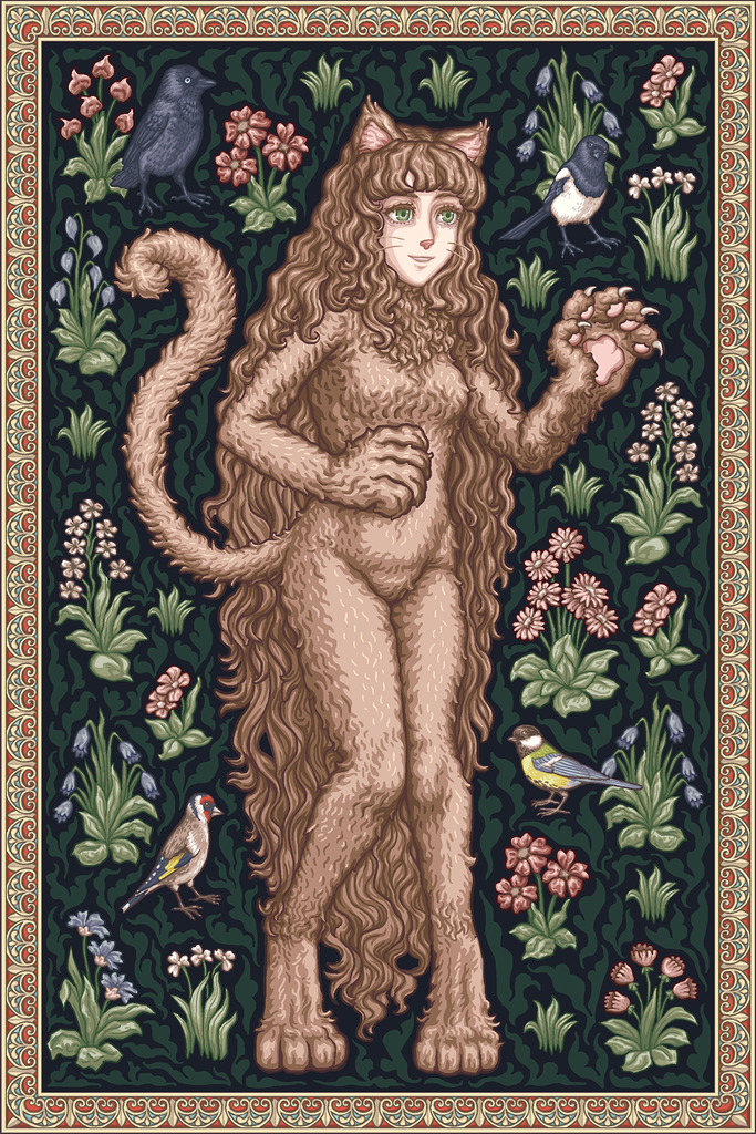 female cat character in a medieval tapestry style